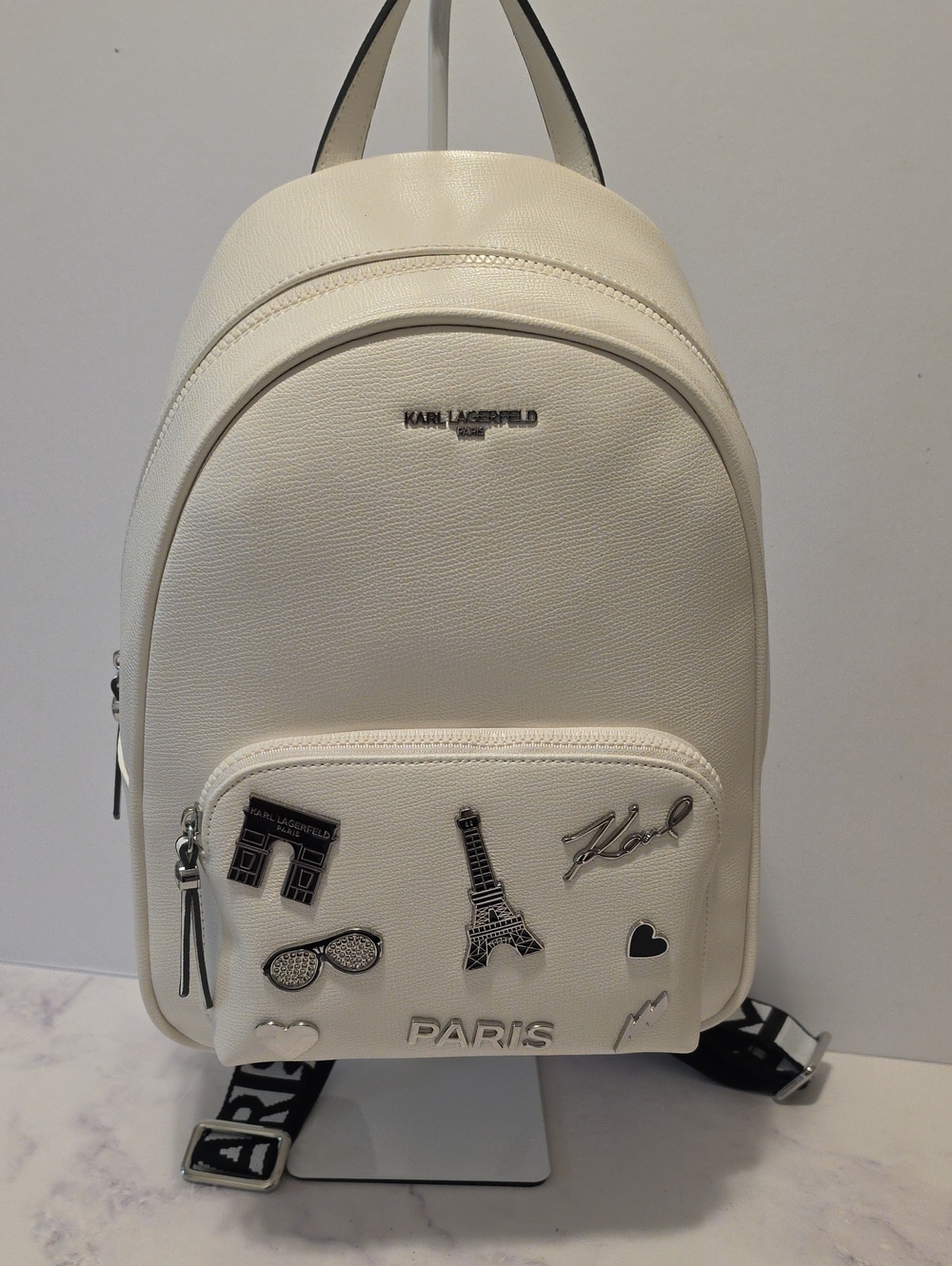 Karl Lagerfeld White Mini Backpack with Silver Paris Charms Brand New